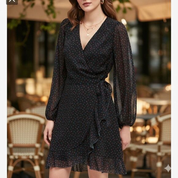 Banana Republic Black Chiffon Heart Print Ruffle Wrap Dress Long Sleeve Size 16 - Picture 3 of 10